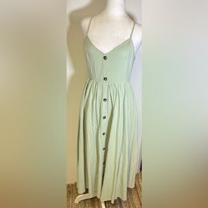 Sage Green Boho Peasant Minimalist Cottagecore Midi Dress with pockets